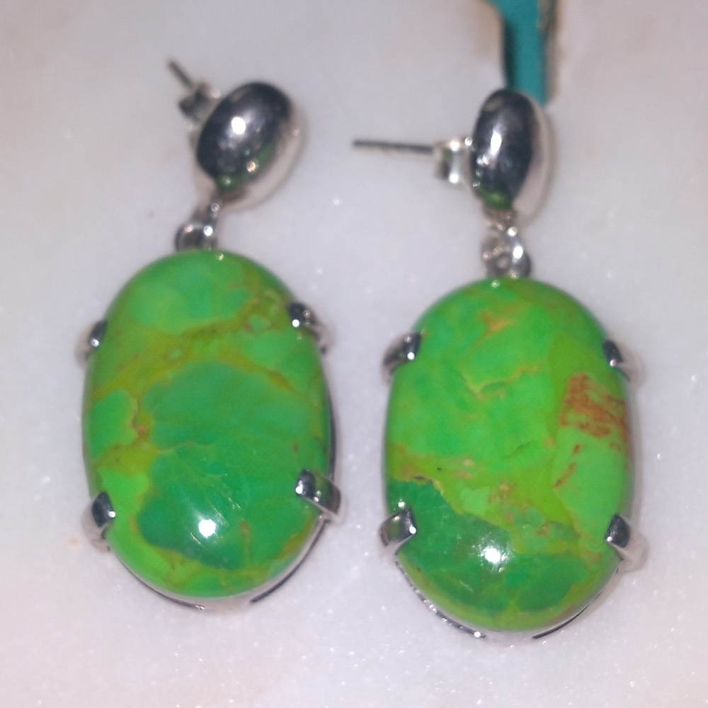 Green Oval Stone Drop Earrings - Unbranded